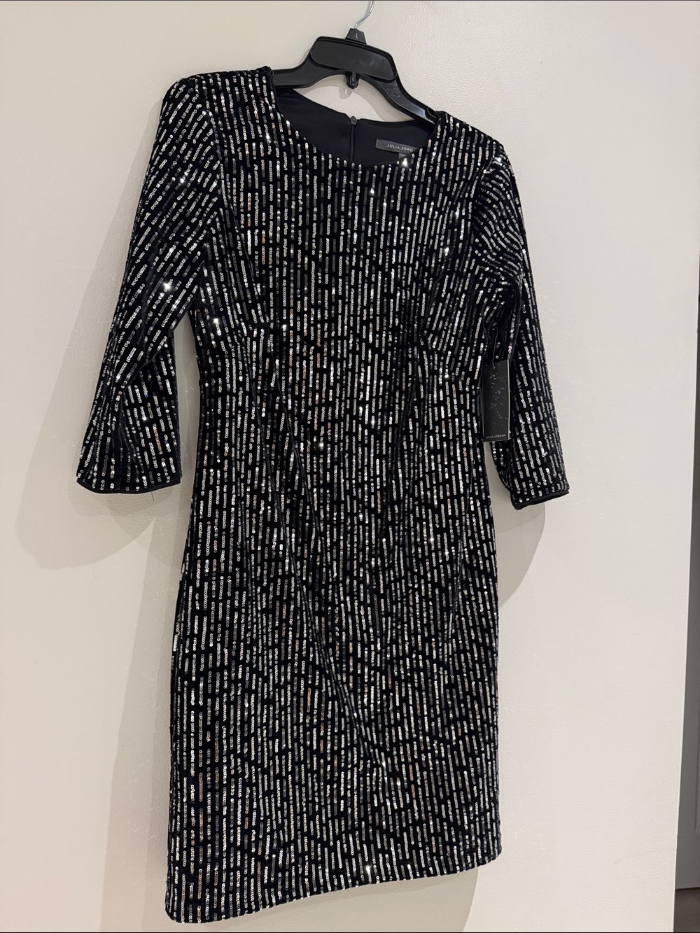 Julia Jordan Black Sequin Sheath Dress with Three-Quarter Sleeves Size 8! NWT